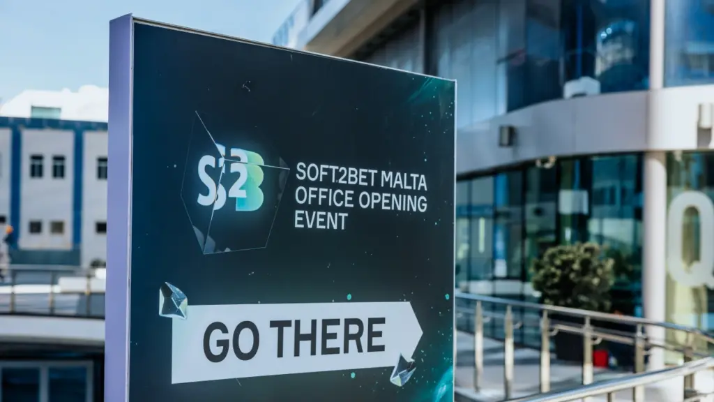Skylt vid ingången till Soft2Bet-kontoret vid öppningsevent i Sverige