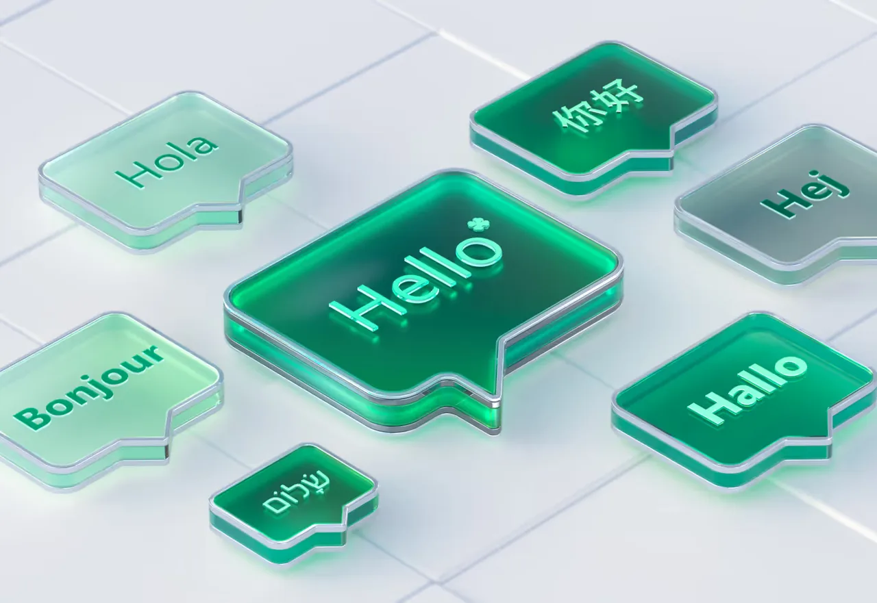 Speech-bubble tiles in several languages, representing multilingual content in the Soft2Bet CMS