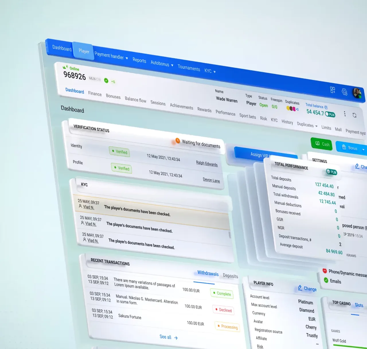 CRM and player-profile screens in the Soft2Bet back office